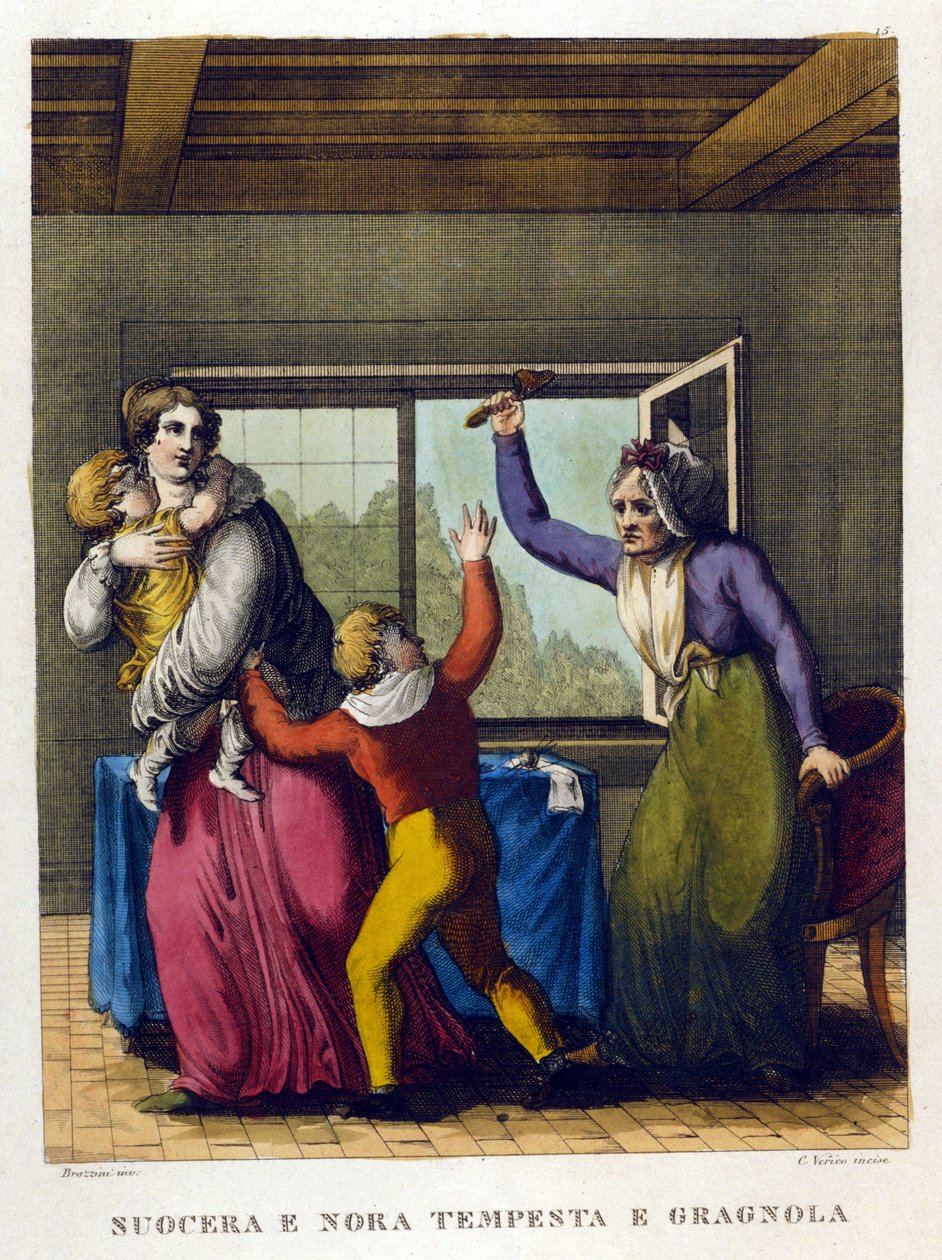 Mondások: "" Gyönyörű anya és lánya, tempete és grele"". Illusztráció 18. századi közmondásgyűjteményből. alkotó: Unknown artist