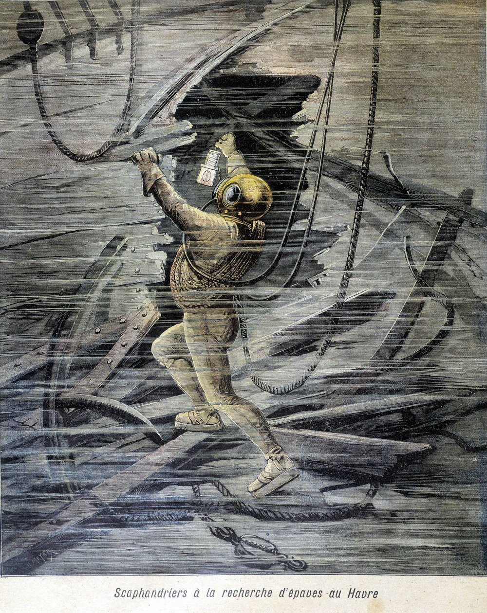 Scaphandrier roncsokat keres Le Havre-ban. az 1892-es „Petity Journal” illusztrációja. alkotó: Unknown artist