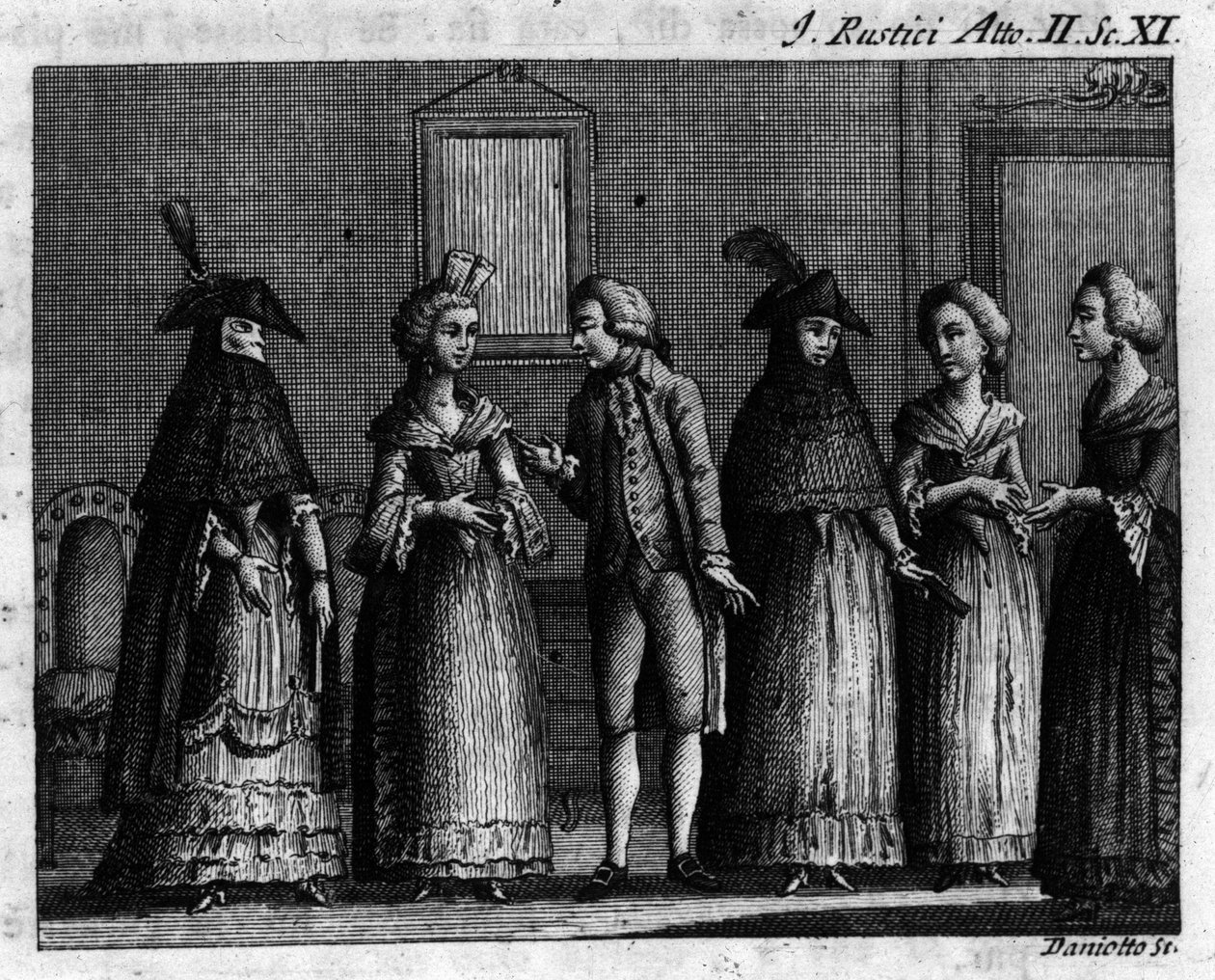 Carlo Goldoni (1707-1793) „” I rustici”” (Les rustres) (1760) című képregényének II. felvonásának 11. jelenete. 18. századi metszet alkotó: Unknown artist