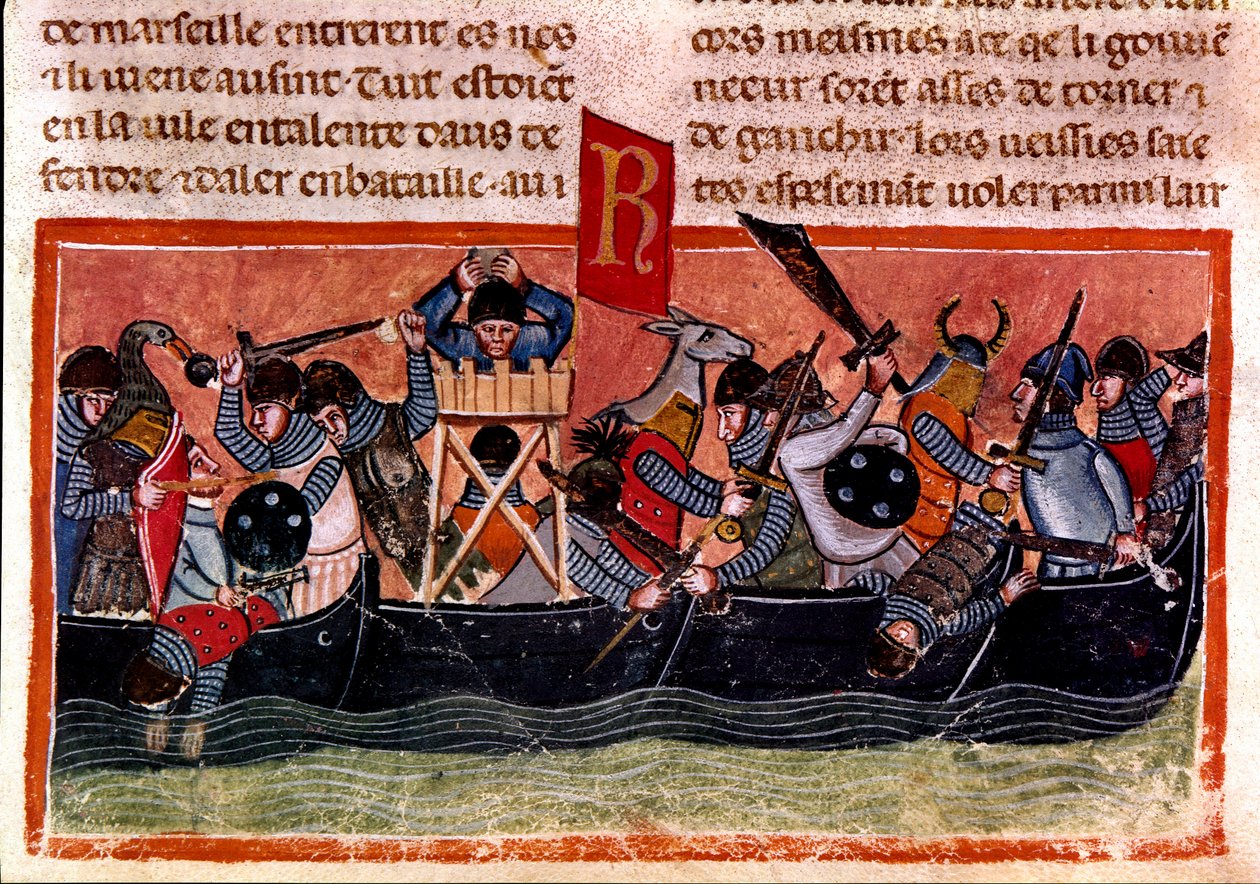 Tengeri csata jelenete Miniatűr egy francia kódexből pergamenre „A rómaiak tényei””, amely az ókori történelmet meséli el Jules Cesarig (Kr. e. 101-i. e. 44). 13. századi Velence, biblioteca Marciana alkotó: Unknown artist