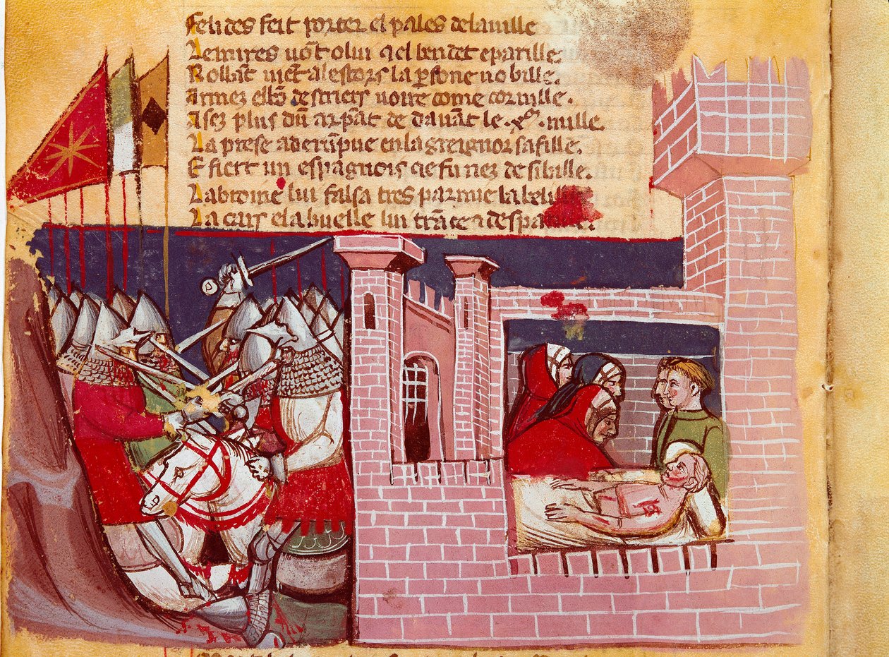 A roncesvaux-i csata jelenete 778-ban. Csata Nagy Károly serege és a szaracénok között, ahol Roland lovag meghalt. Ő a jobb oldali képviselő. Miniatűr a „The Entrée d