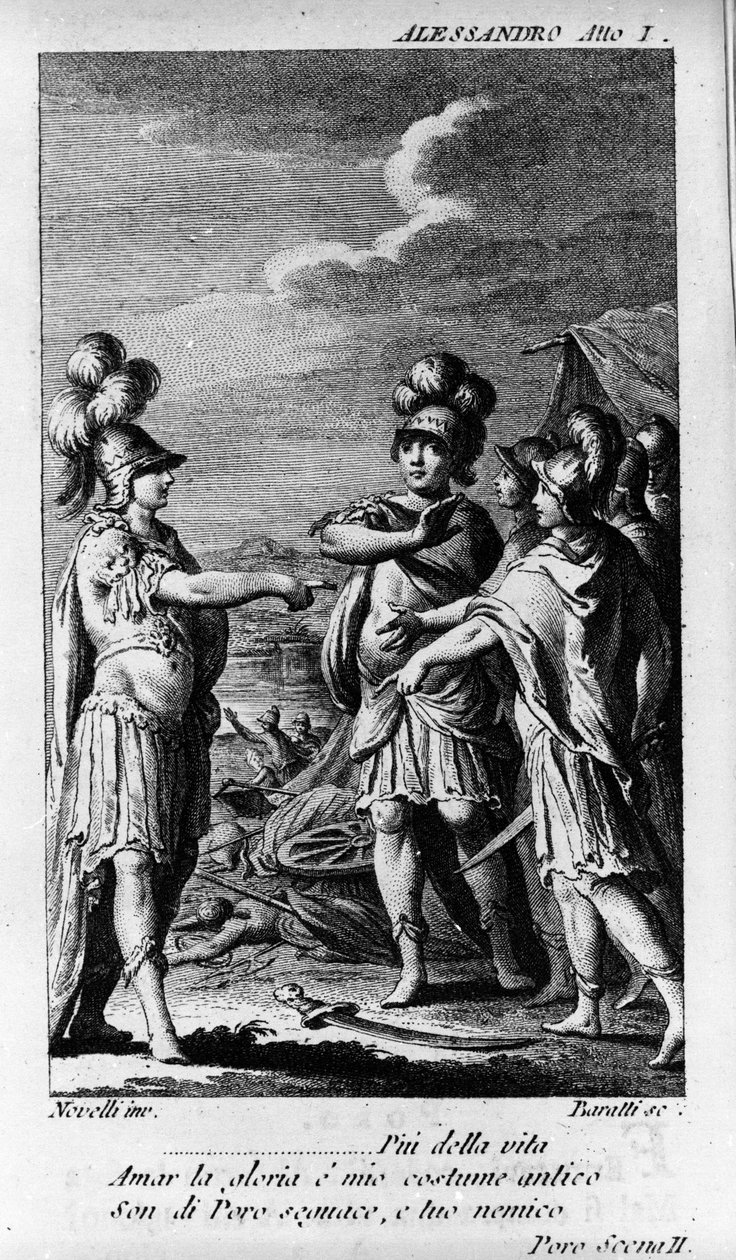 Az „Alexandre aux Indies” (Alessandro nelle Indie) első felvonásának jelenete, Niccolo Vito Piccinni (vagy Piccini) (1728-1800) (1758) zeneszerző operája Pietro Metastasio (Metasztázis) librettója nyomán. Metszet a 18. század végéről alkotó: Unknown artist