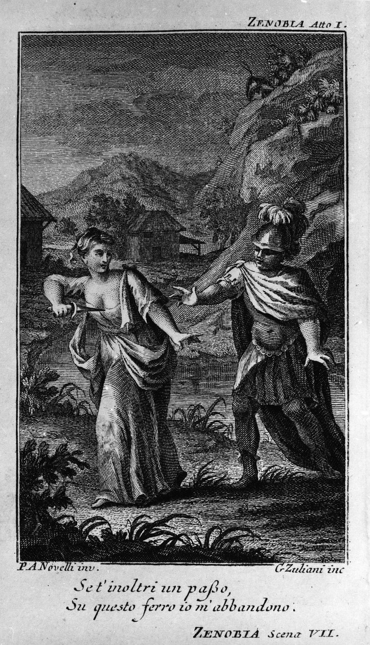 A „Zenobia” (Zenobie) első felvonásának jelenete, Niccolo Vito Piccinni (vagy Piccini) (1728-1800) (1756) zeneszerző operája Pietro Metastasio (Metasztázis) librettója nyomán. Metszet a 18. század végéről alkotó: Unknown artist