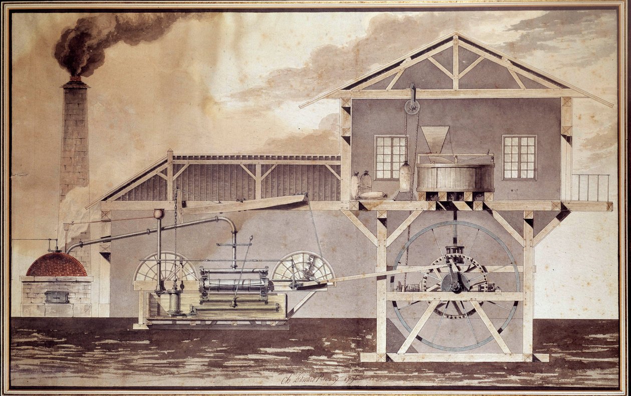 Tudomány és technológia: "" Gőzgép, lisztmalom darabolása"" Edouard Bury rajza. 1796. Paris, Conservatoire National des Arts et Metiers alkotó: Unknown artist