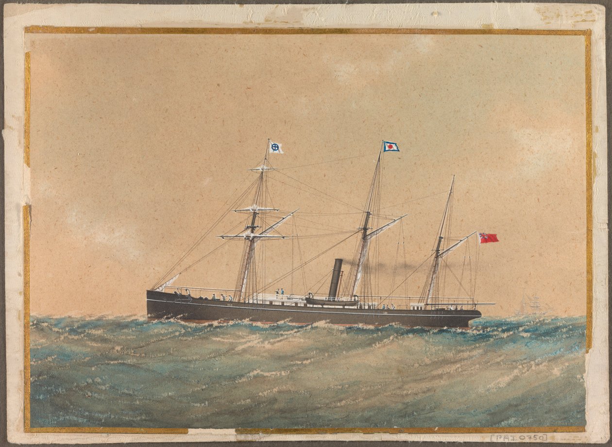 Satsuma zászlóval közlekedő csavaros gőzhajó, valószínűleg "Lotus", 19. század eleje (akvarell) alkotó: Unknown artist