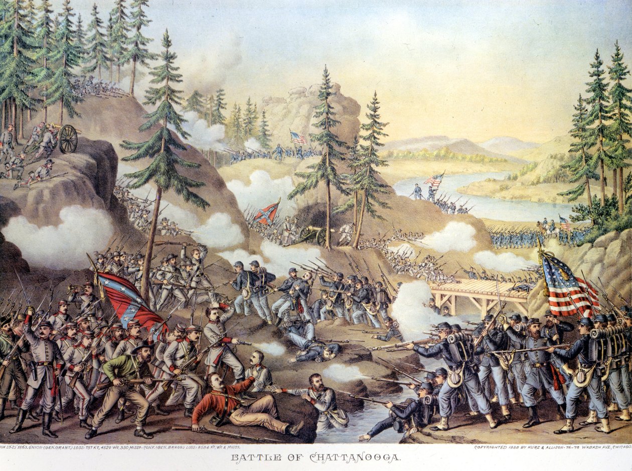 Szecessziós háború (1861 - 1865) vagy amerikai civil Giuerre: 1863.11.24-25.: kétnapi csata után a Tennessee állambeli Chattanoogában, a Rosecrans tábornok vezette északi hadsereg győzelme. Metszés. alkotó: Unknown artist