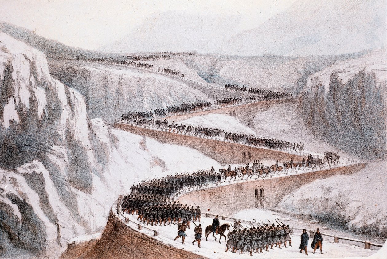 Második olasz függetlenségi háború: Moncenisio átvonulása a francia hadsereg által 1859. április 29-én (nyomtatás) alkotó: Unknown artist