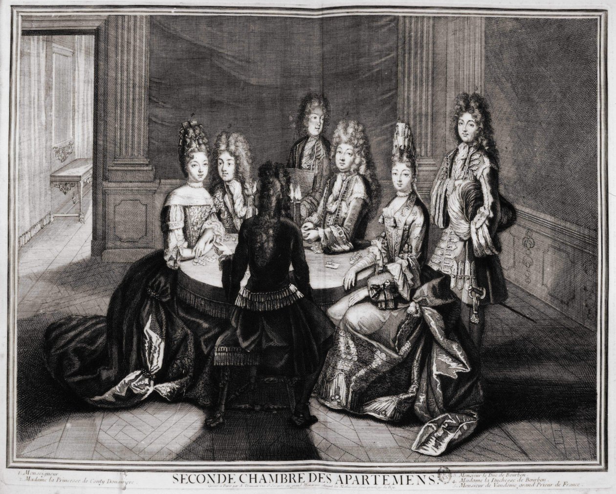 Az apartmanok második szobája (Versailles): 1. Monsignor, 2. Madame of Conty Dowager hercegnője, 3. Monsieur le Duke de Bourbon, 4. Bourbon hercegné, 5. Monsieur de Vandôme, Franciaország nagypriorja. Trouvain metszete, 18. század eleje alkotó: Unknown artist