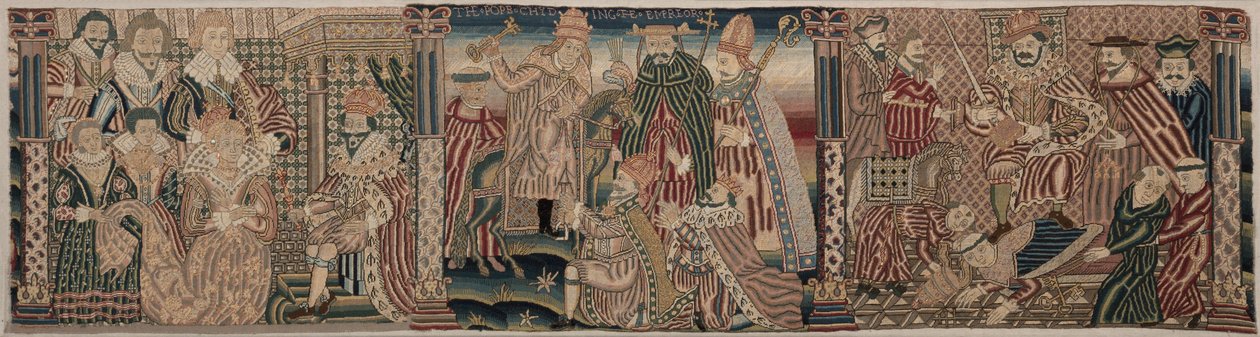 Egy hímzett fríz metszete: Ahasvérus és Eszter, A pápa szidja a császárt, VIII. Henrik a pápa nyakán tapos alkotó: Unknown artist