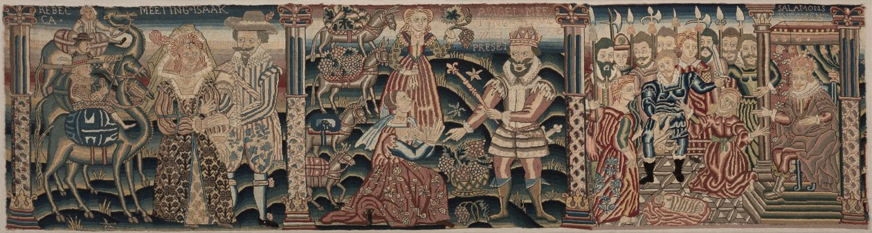 Egy hímzett fríz metszete: Rebecca találkozik Izsákkal, Abigail találkozik Dáviddal az ajándékkal, Salamon ítélete alkotó: Unknown artist