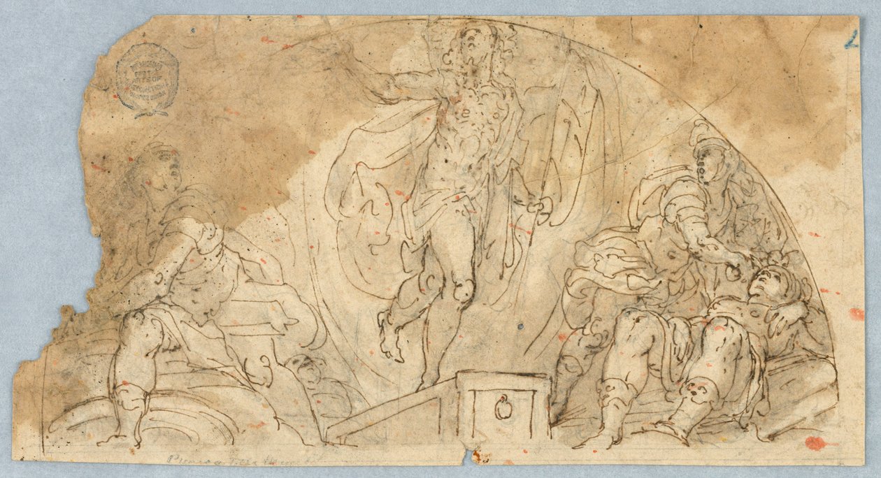 Félkör alakú figurális jelenet, középső figurával, esetleg felfelé alkotó: Unknown artist