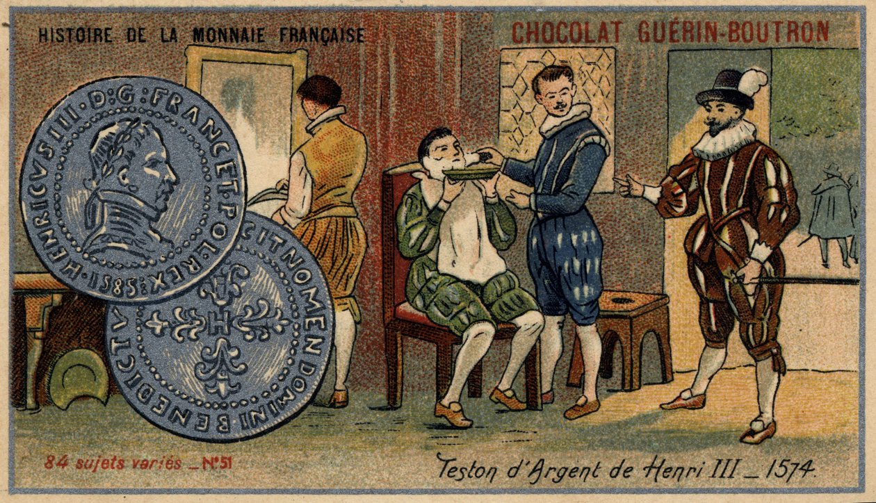 A francia valuta története sorozat, amelyet a Chocolat Guérin Boutron adott ki. 19. századi kromolitográfia. Henrik ezüst testonja III. 1574 alkotó: Unknown artist