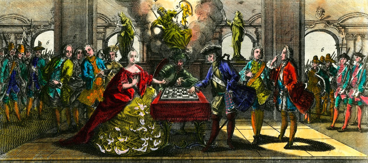 Hétéves háború: Ausztriai Mária Terézist (1717-1780) és Porosz Frigyest (1712-1786) sakkozó allegória. A 18. századi magángyűjtemény metszete alkotó: Unknown artist