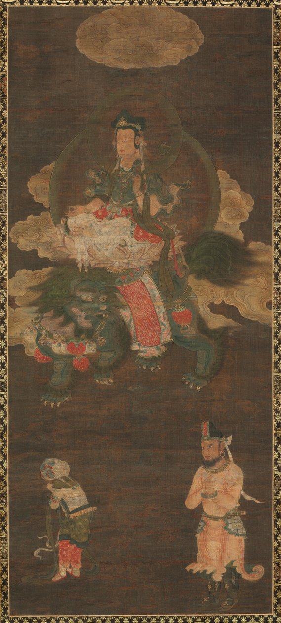 Shakyamuni Triád: Buddha, akit Manjushri és Samantabhadra (Bodhiszattva oroszlánnal) vesz részt alkotó: Unknown artist