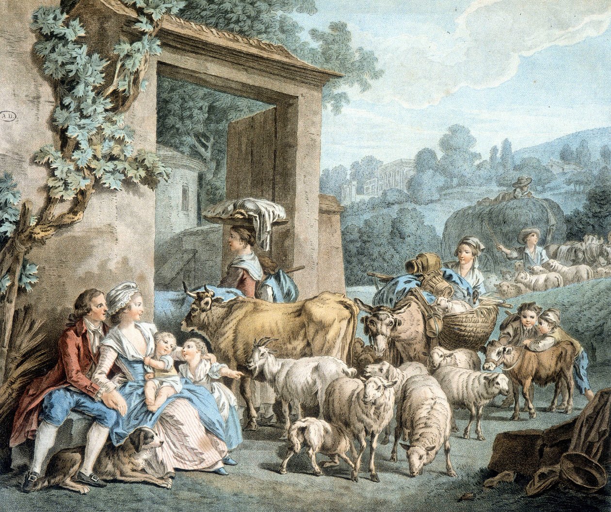 Pásztorok és birkák nyáj egy farm előtt. alkotó: Unknown artist