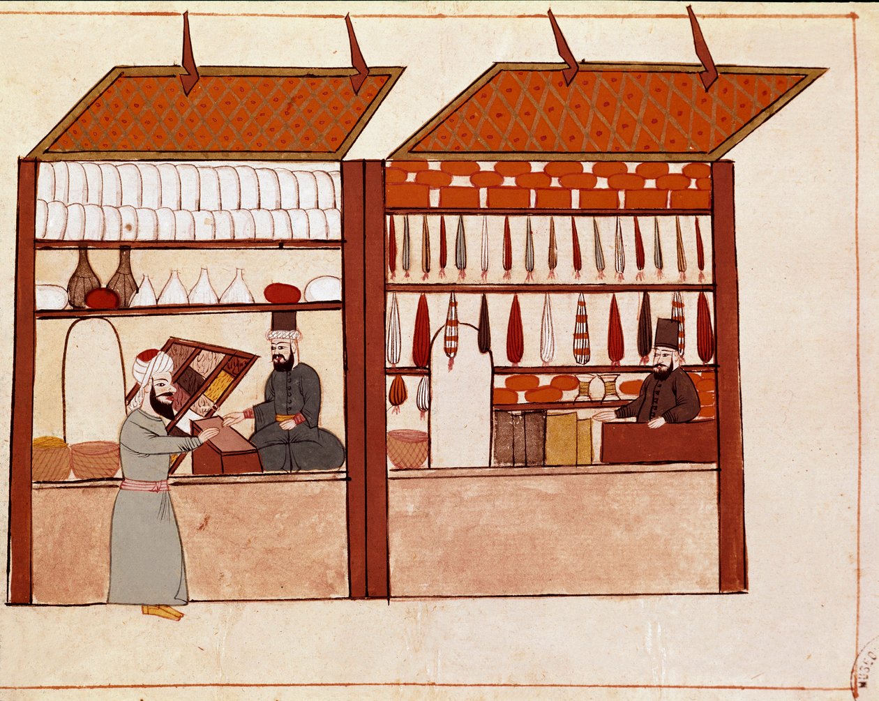 Üzletek Konstantinápoly utcáin. Miniatűr egy 19. századi Cicogna-kéziratból (1828) egy 17. századi eredeti (1671) után. Velence, Biblioteca Marciana alkotó: Unknown artist