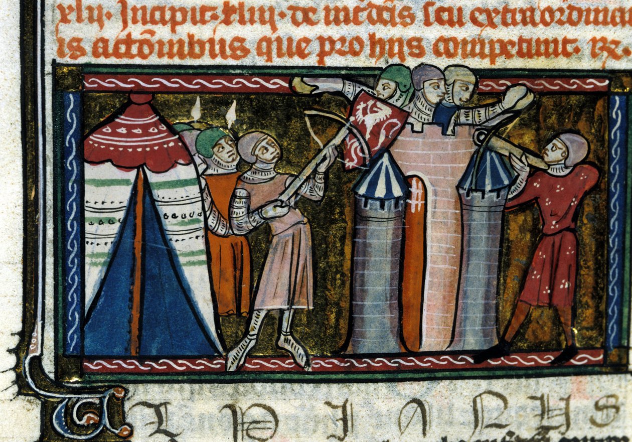 Egy kastély ostroma. Miniatűr egy 13. századi kéziratból. Milánó, Biblioteca Trivulziana. alkotó: Unknown artist