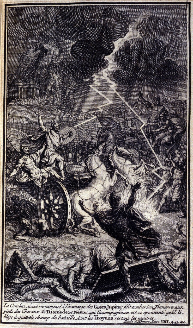 Mivel a harc újra elkezdődött, a görögök előnyben voltak, Jupiter mennydörgést Diomédész lovai elé ejtette; és az őt kísérő Nestor annyira félelmetes volt, hogy kénytelen volt elhagyni a csatateret, amelyből a trójaiak maradtak. alkotó: Unknown artist