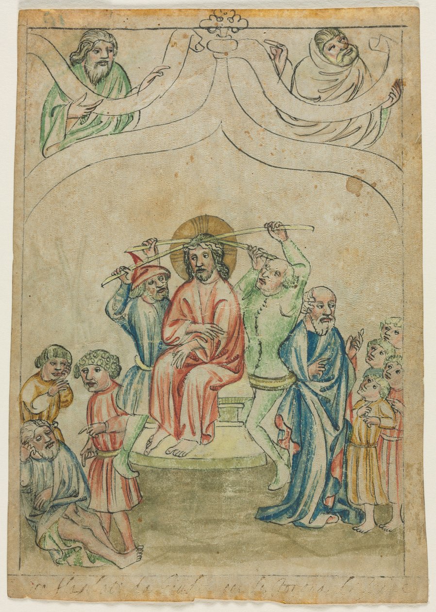 Egyetlen levél a Biblia Pauperumból: Krisztus tövisekkel megkoronázva (recto) alkotó: Unknown artist