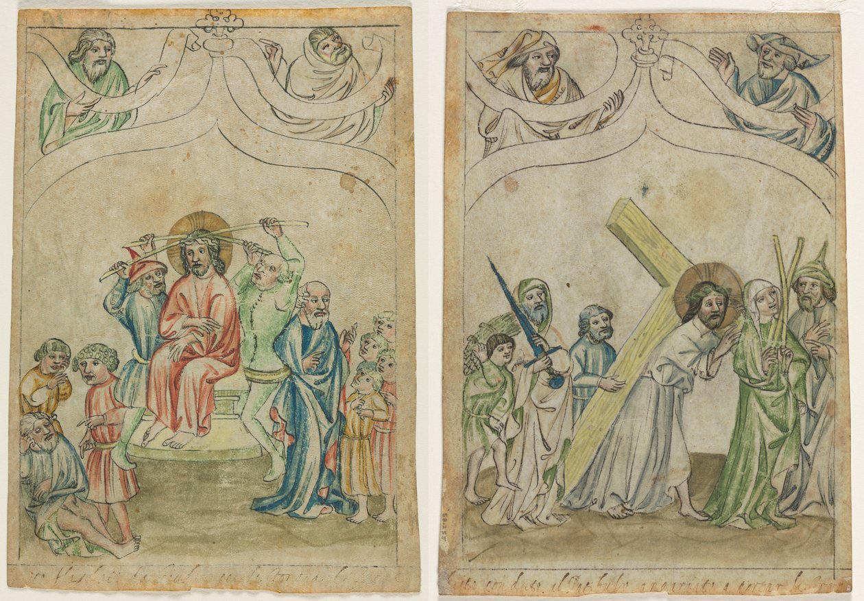 Egyetlen levél a "Biblia Pauperum"-ból: tövisekkel koronázott Krisztus (recto) Krisztus keresztet hordozó (verso) alkotó: Unknown artist