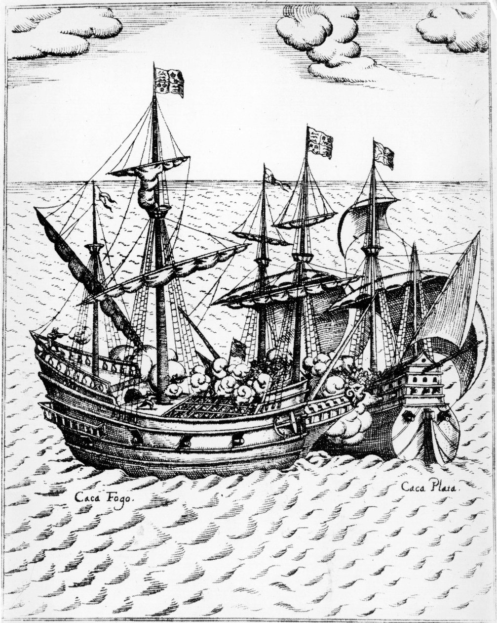 Sir Francis Drake "Golden Hind" (1540-1596), amely a "Nuestra Senora de Conception" spanyol hajót, amely 1579-ben "Cacafuego" néven ismert, elfoglalja Ecuador mellett. Metszet 16. század. alkotó: Unknown artist