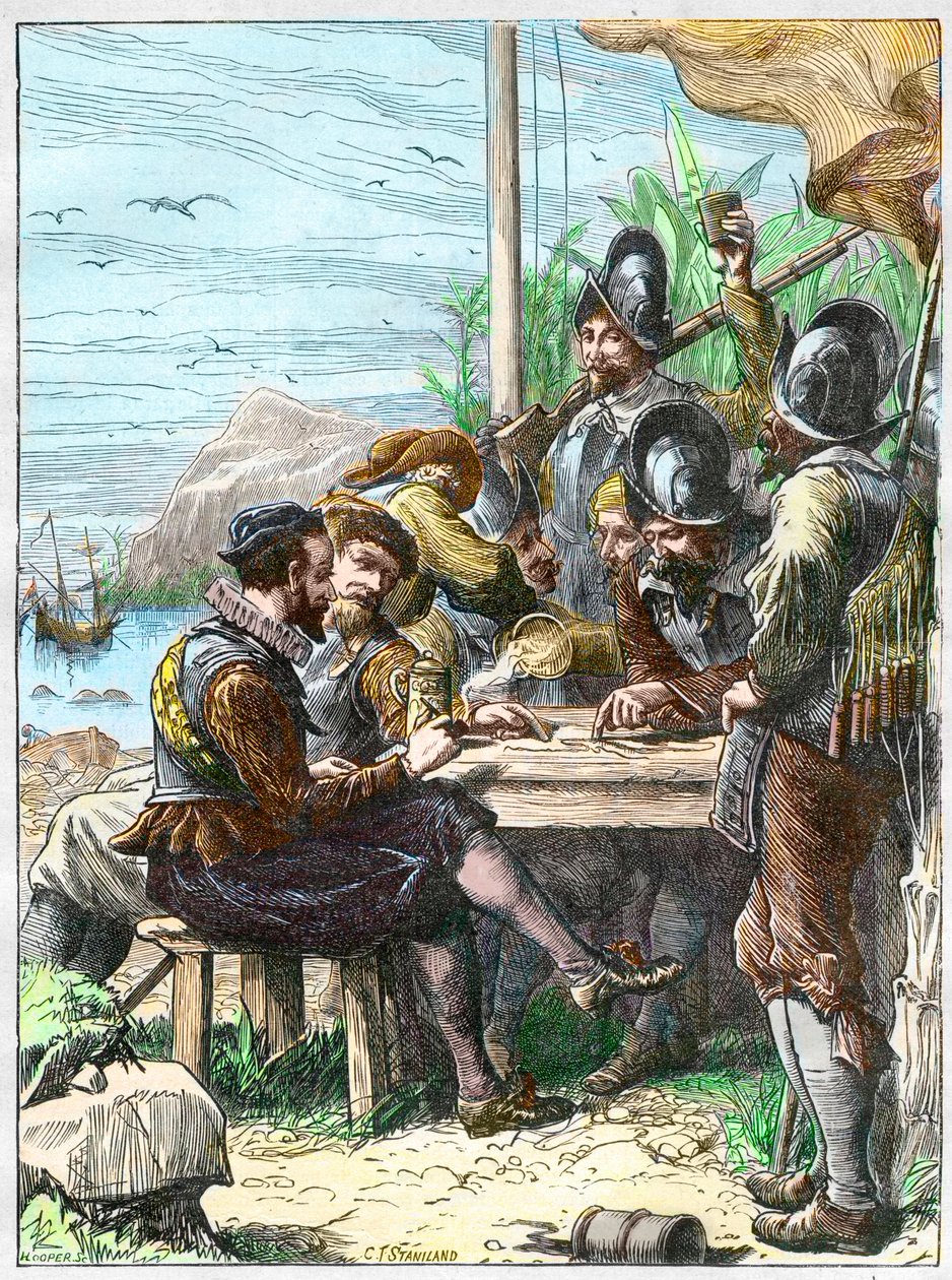 Sir Walter Raleigh Trinidadban, információkat kap a spanyol katonáktól Guyanával kapcsolatban, 1595. - Walter Raleigh expedíciója alkotó: Unknown artist