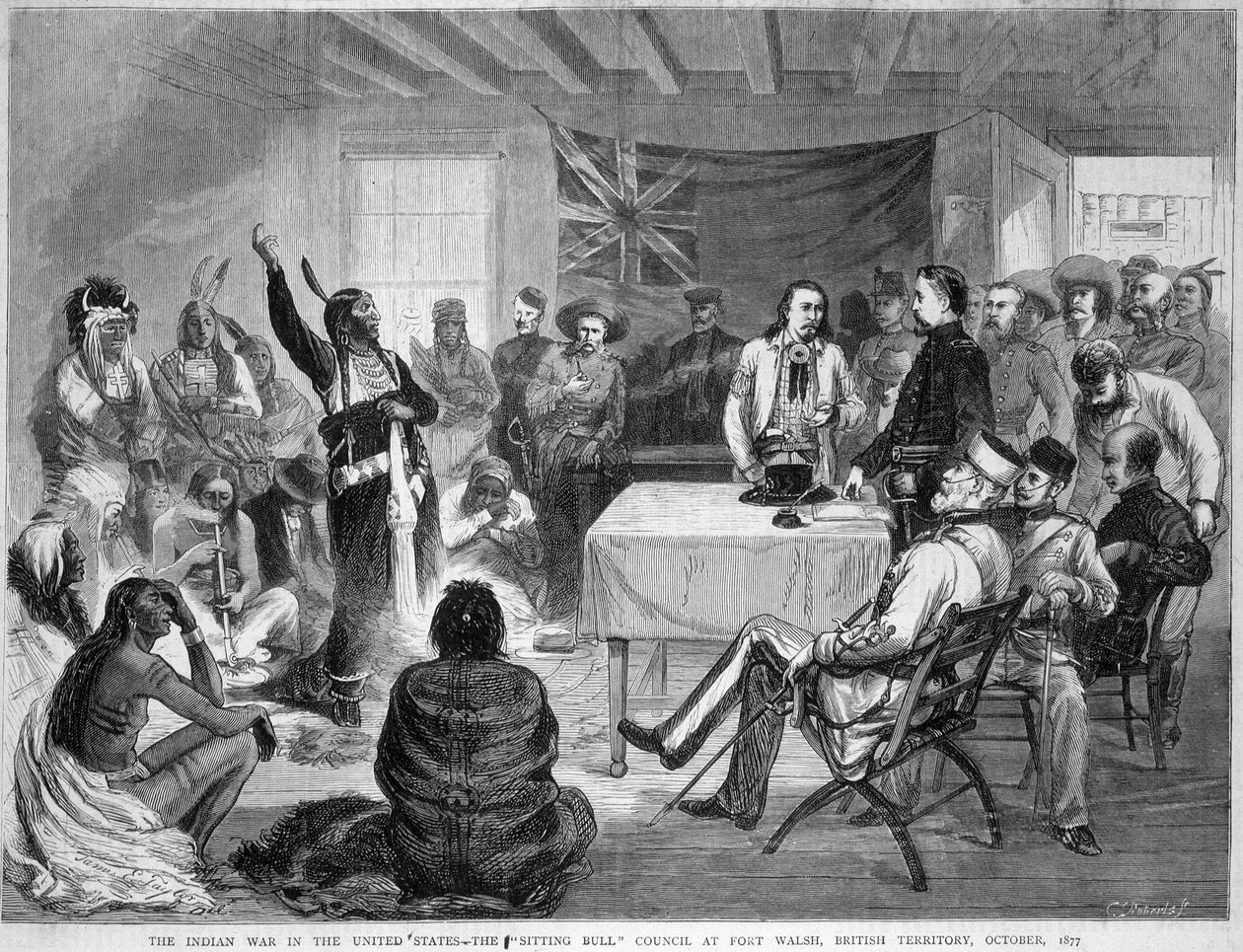 Sitting Bull and Buffalo Bill: Sitting Bull Council a Fort Walsh-ban, Brit Területen, az indiánokkal vívott háború alatt, 1877. október alkotó: Unknown artist