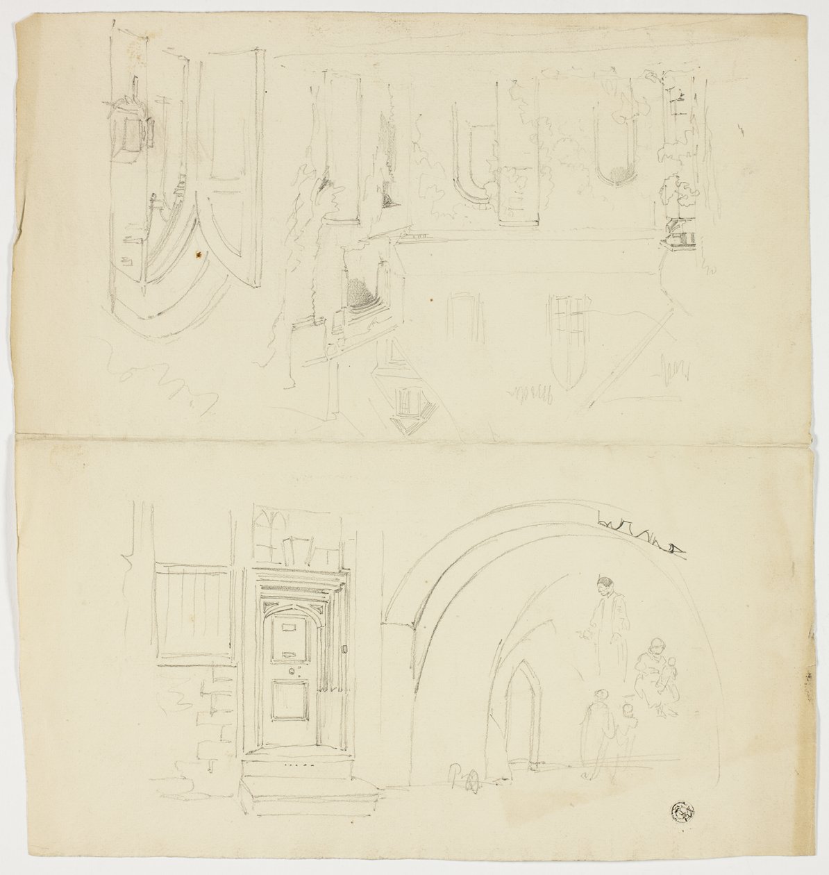 Vázlatok ajtónyílásról, alakokról, épületről a templom oldalsó bejáratával (recto); vázlat a toronyról (verso). alkotó: Unknown artist