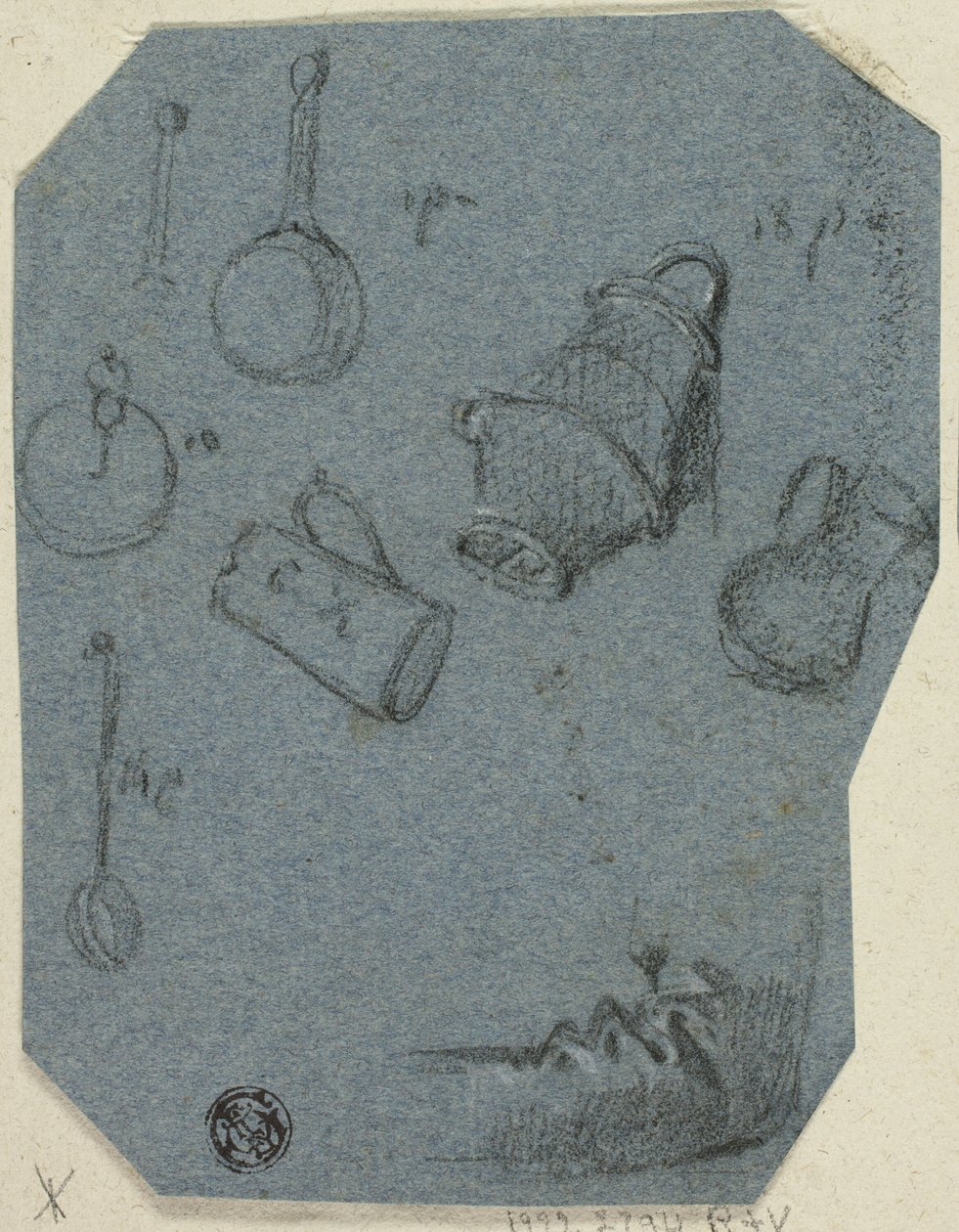 Konyhai eszközök vázlatai, hajlított kar (recto); történelmi jelenet (verso) alkotó: Unknown artist