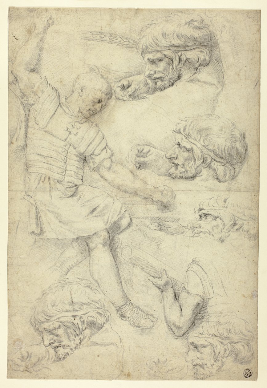 Katonavázlatok, fejek, a római domborműből (recto); Vázlatok férfi aktokról, a római domborműből (verso) alkotó: Unknown artist