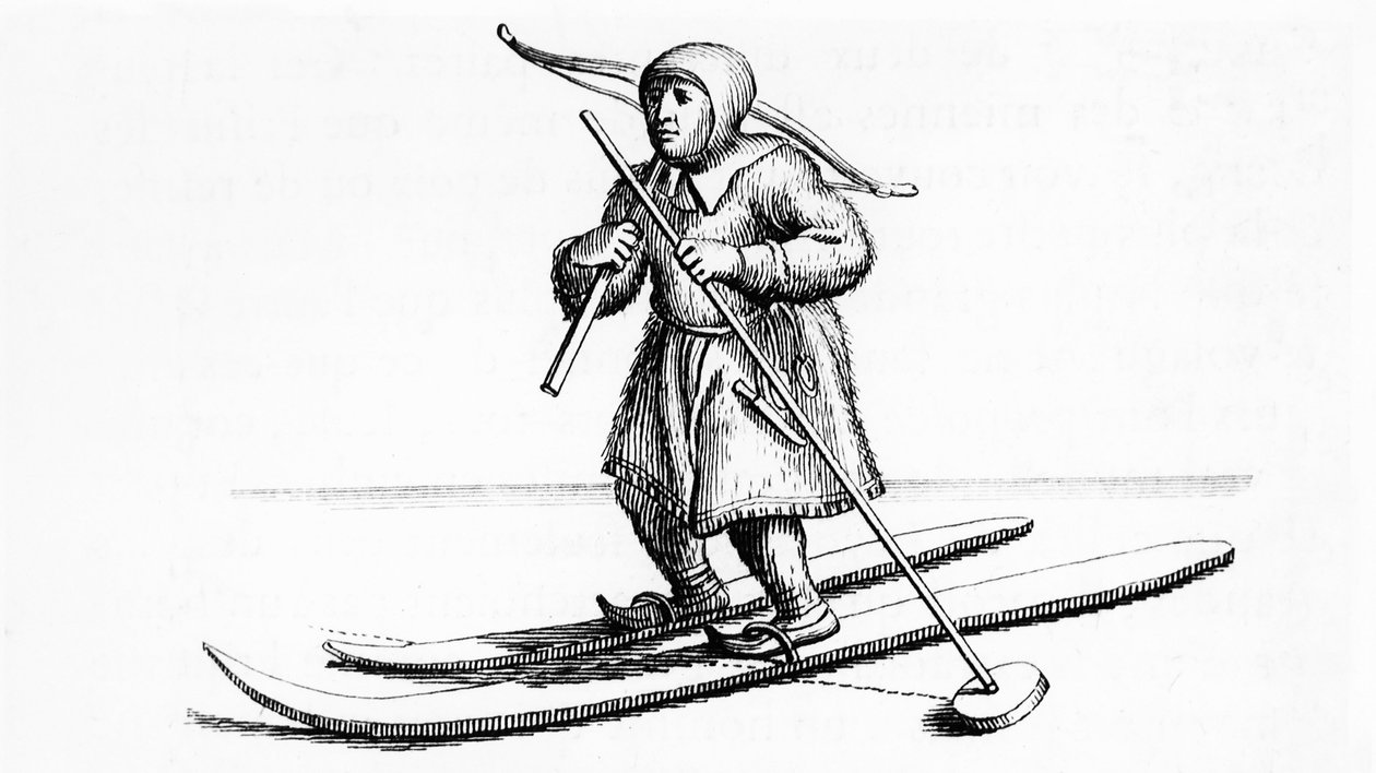 Egyenetlen hosszúságú sílapon - Johanes Schefter „” Laponia”-ban, metszet alkotó: Unknown artist