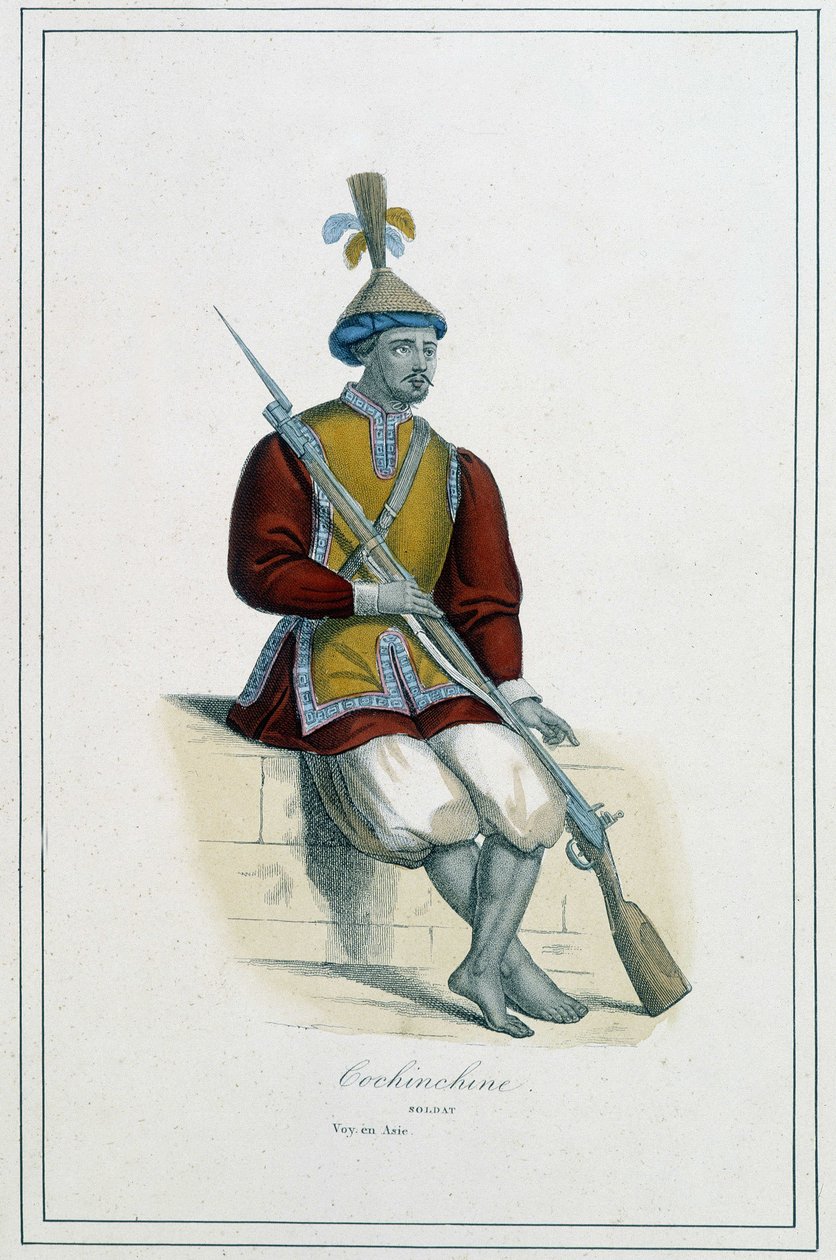Cochinchine-i páncélos katona – Paul Jonhanneaud apát „A föld különböző népei” című művében, Librairie des Bons livres alkotó: Unknown artist