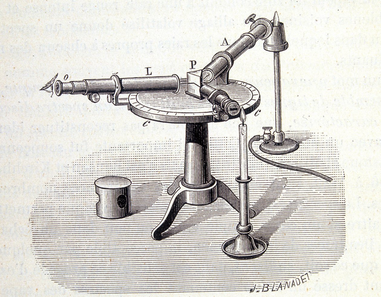 Bunsen és Kirchhoff spektroszkóp – Emile Des Beaux, Flammarion „Physique populaire” című könyvében alkotó: Unknown artist