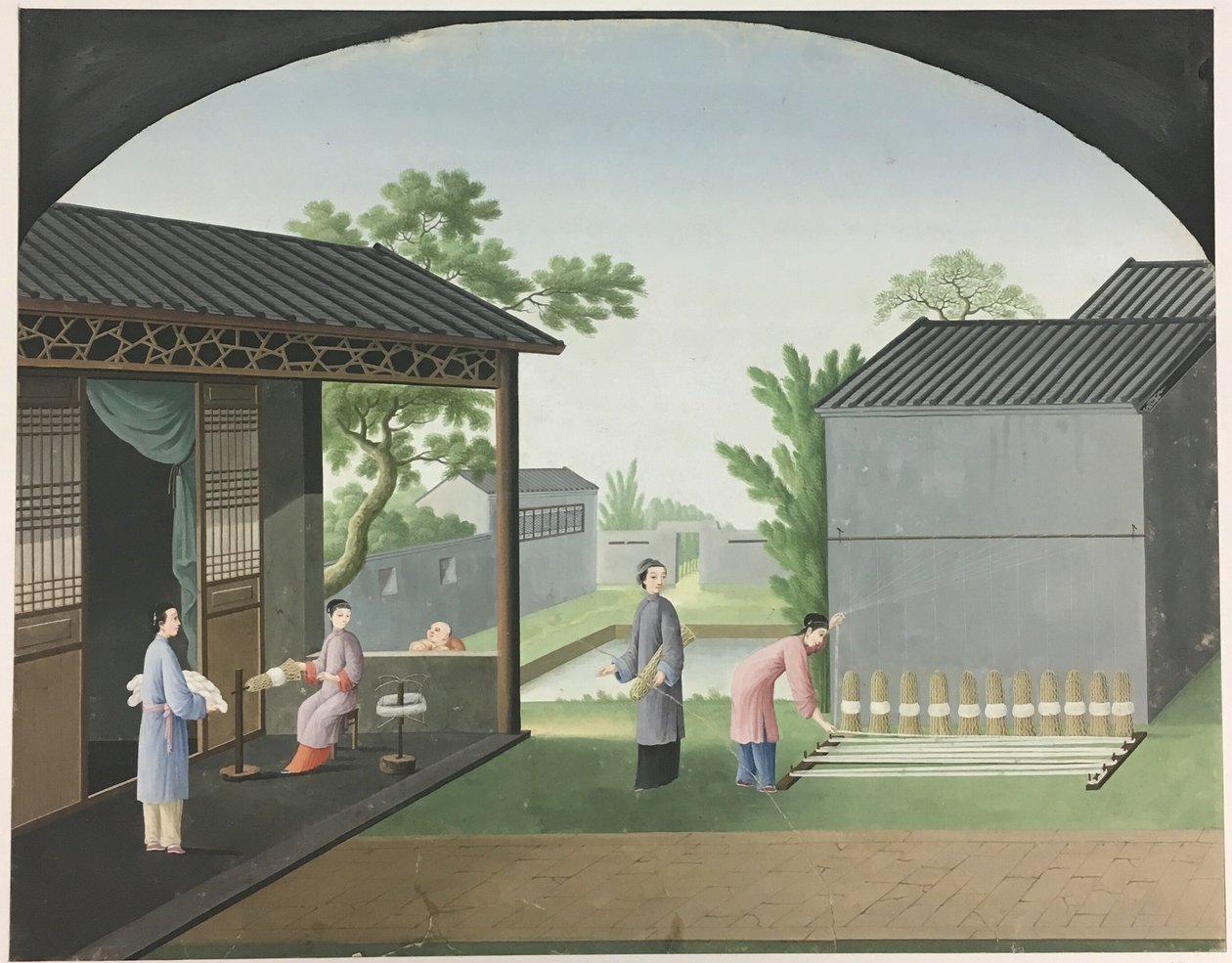 Ruhák fonása, tealevelek előkészítése, selyem előkészítése alkotó: Unknown artist