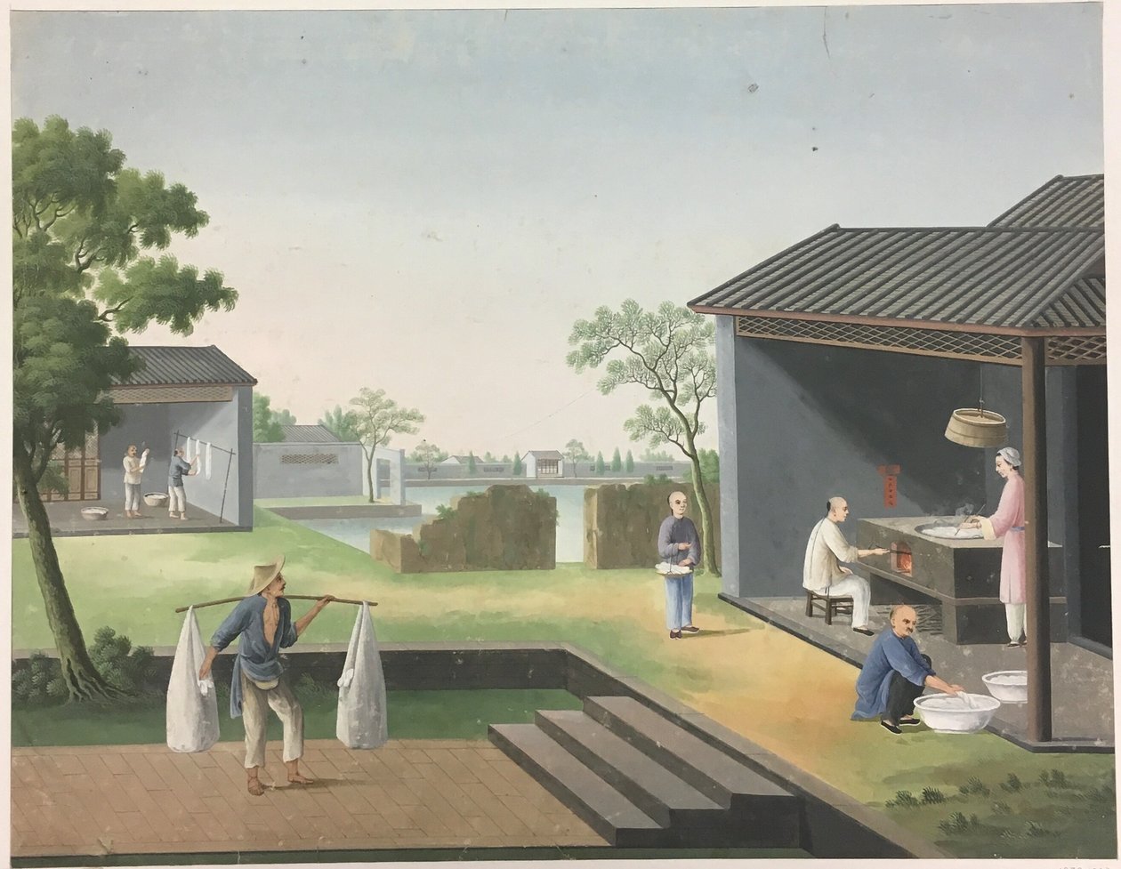 Ruhák fonása, tealevelek előkészítése, selyem előkészítése alkotó: Unknown artist