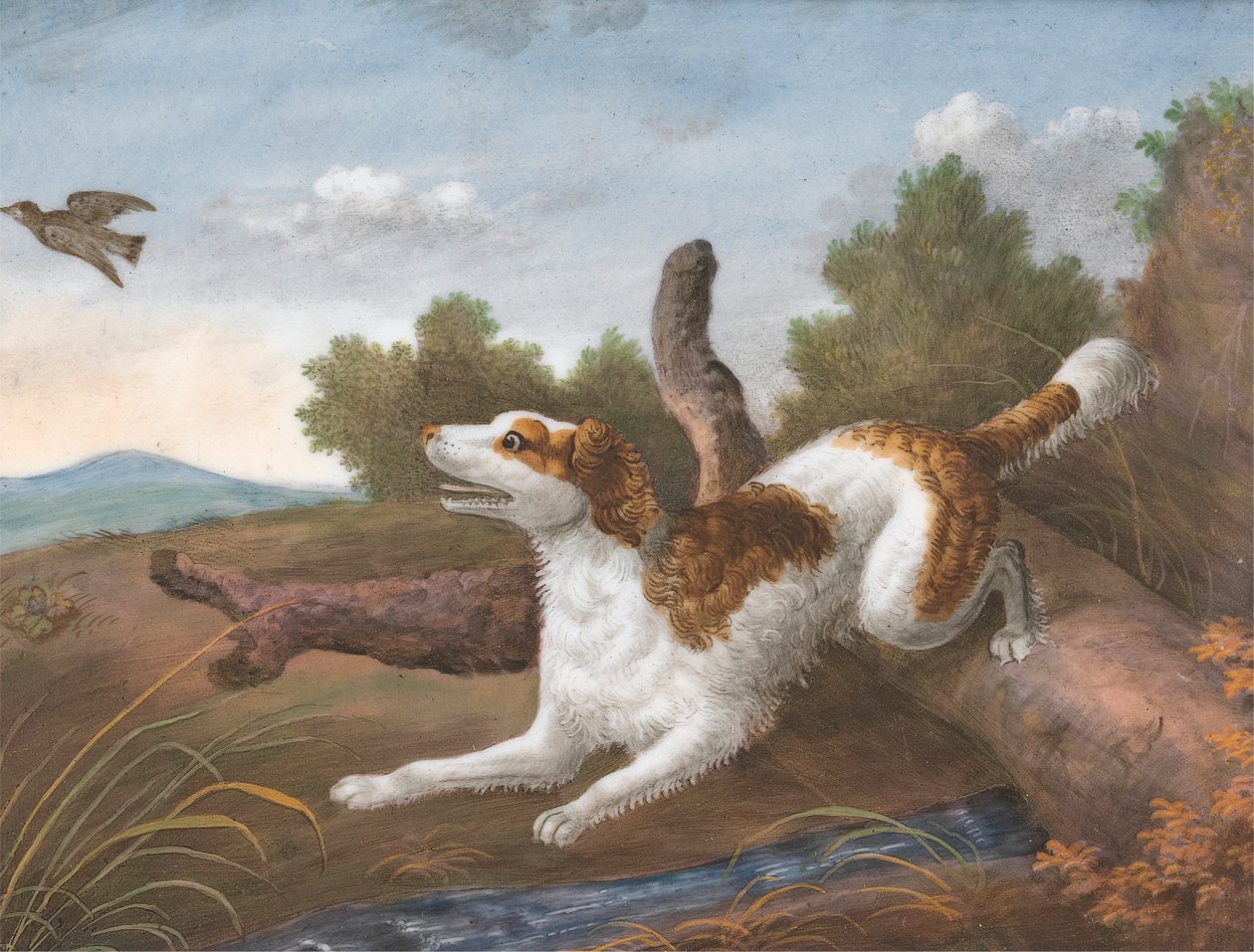 Springer: Egy spániel, aki egy rönkön át ágaskodik, hogy a bal oldalon egy szalonkát eresszen alkotó: Unknown artist