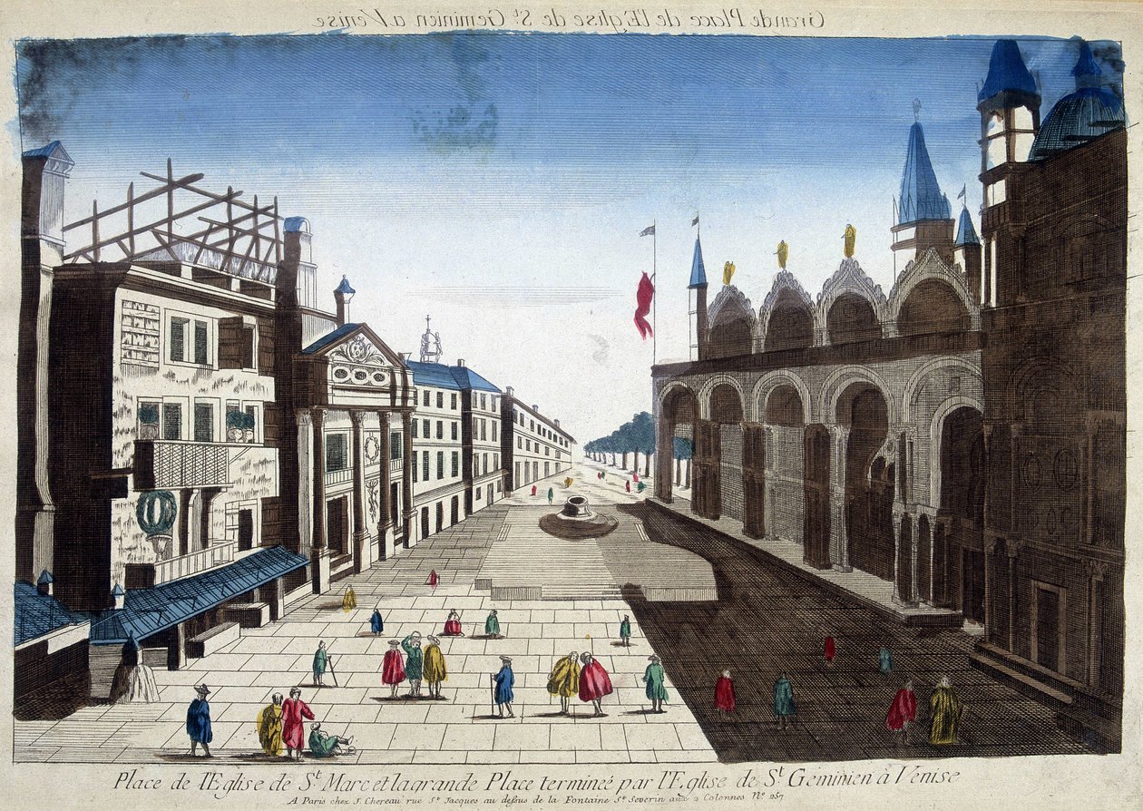 A Szent Márk-templom tere és a Nagy tér, amelyet a velencei Szent Ikrek-templom fejez be. 18. századi metszet. alkotó: Unknown artist