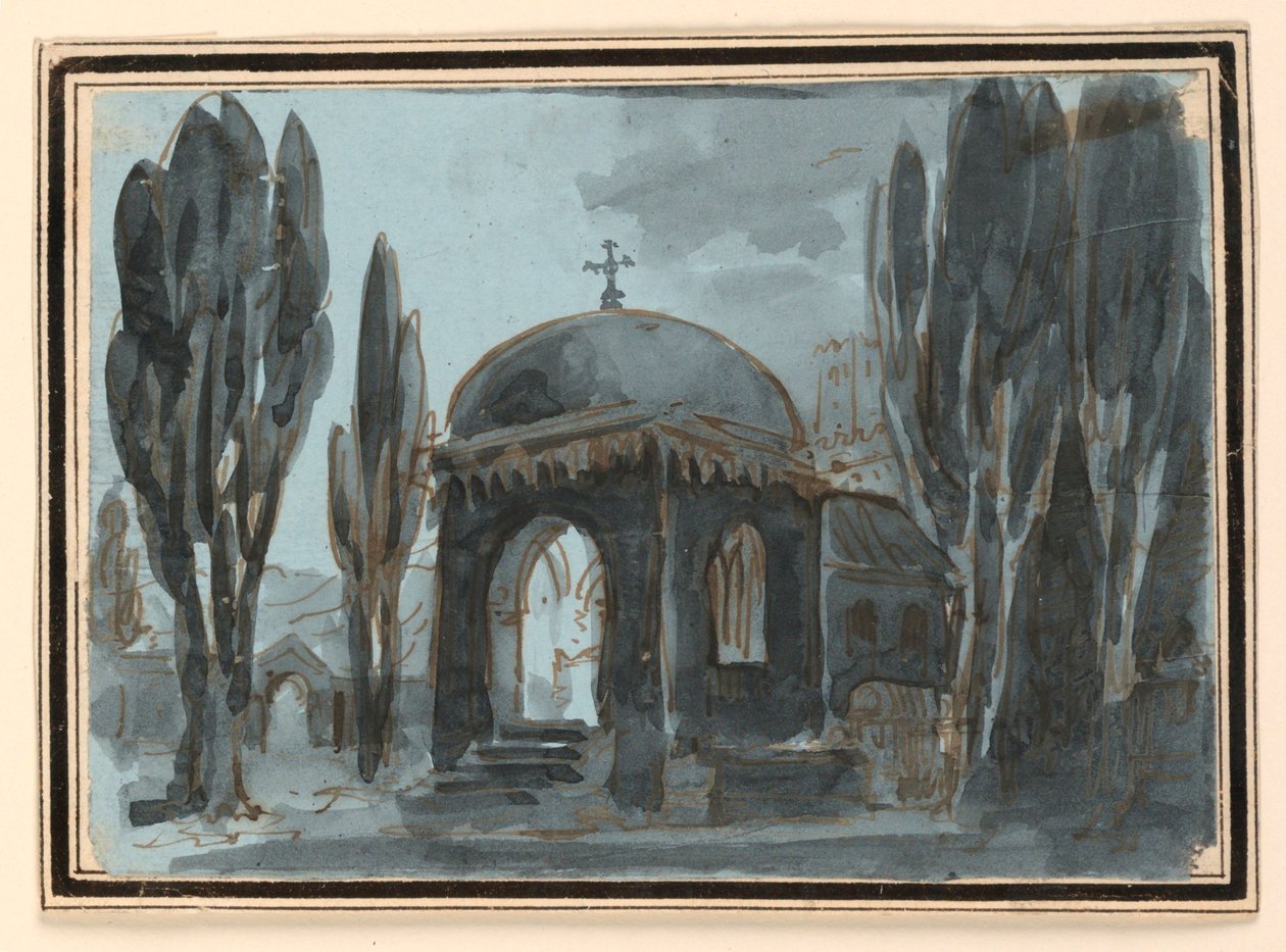 Színpadterv, kápolna a templomkertben alkotó: Unknown artist