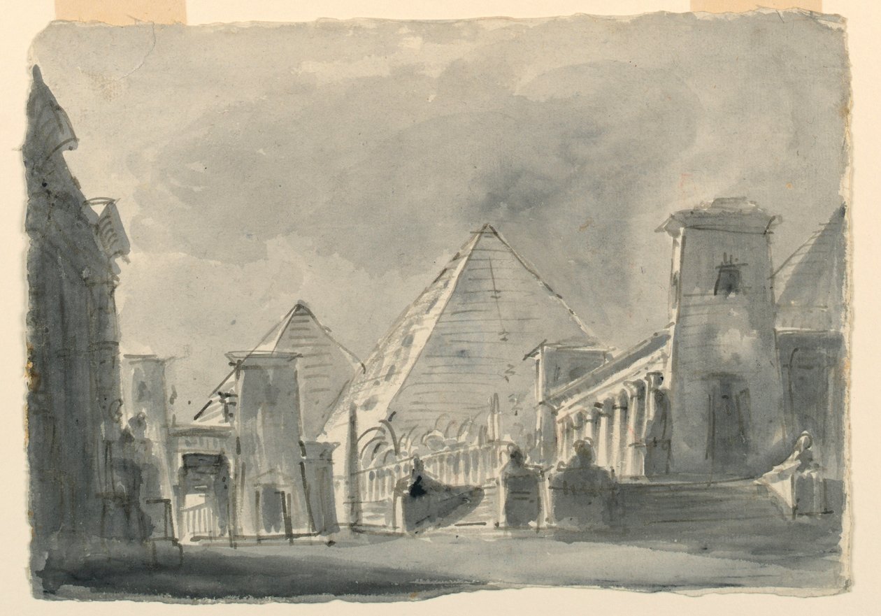 Színpadtervezés, egyiptomi épületek csoportja kívülről alkotó: Unknown artist