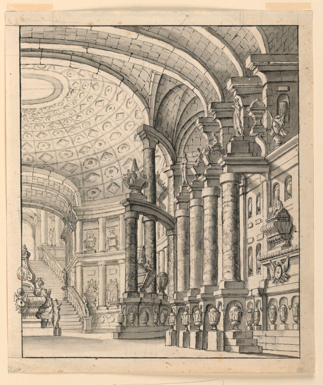 Színpad: terem kazettás mennyezettel és urnákkal alkotó: Unknown artist