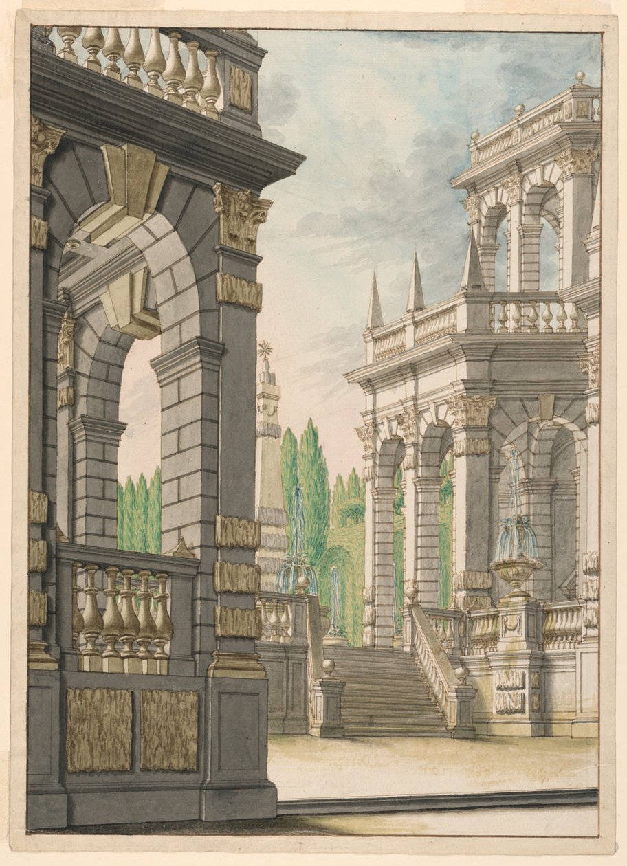 Színpadterv: Villa obeliszk és albáni karokkal alkotó: Unknown artist