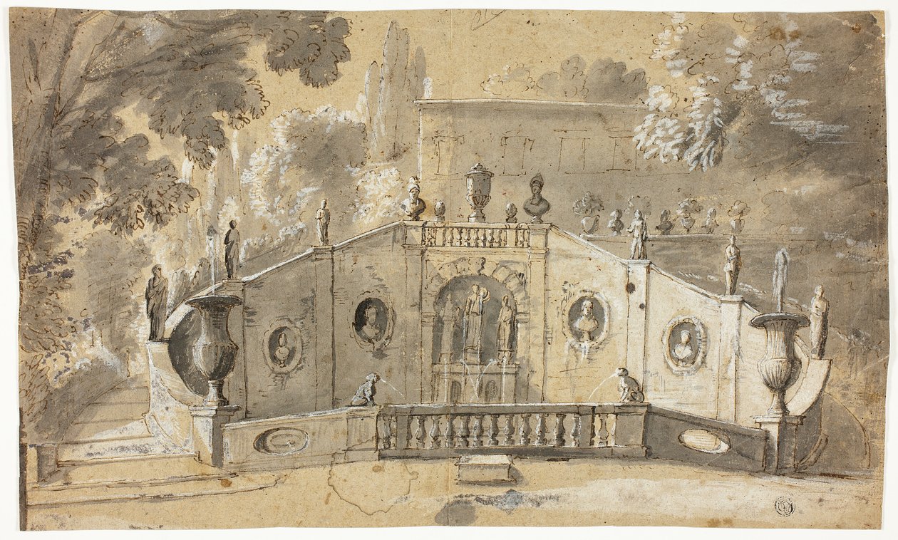Lépcsőház és szökőkút (recto); Ülő férfi akt a profilban balra, felfelé nézve (fordítva) alkotó: Unknown artist