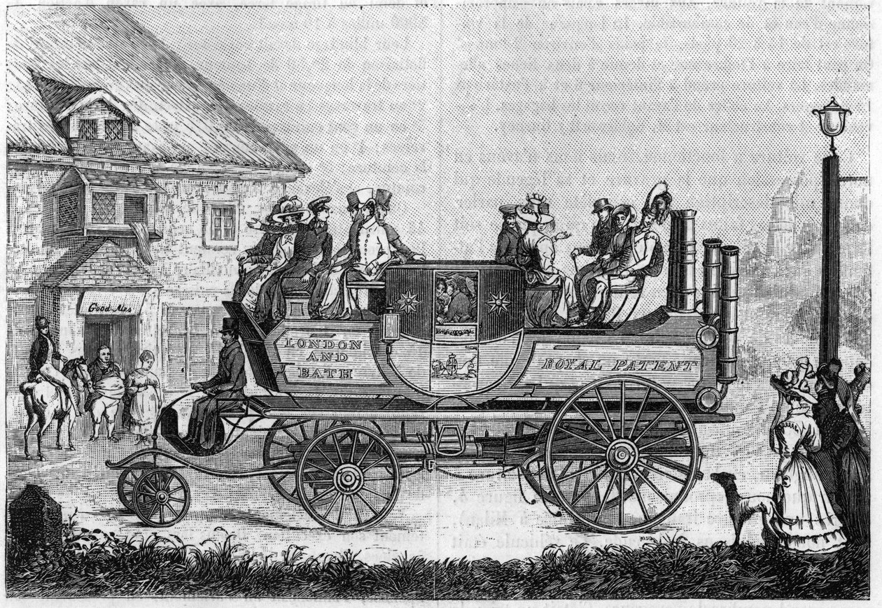 Gurney gőzkocsija (Gurney Goldsworthy) 1827-ben Londonban kísérletezett. alkotó: Unknown artist