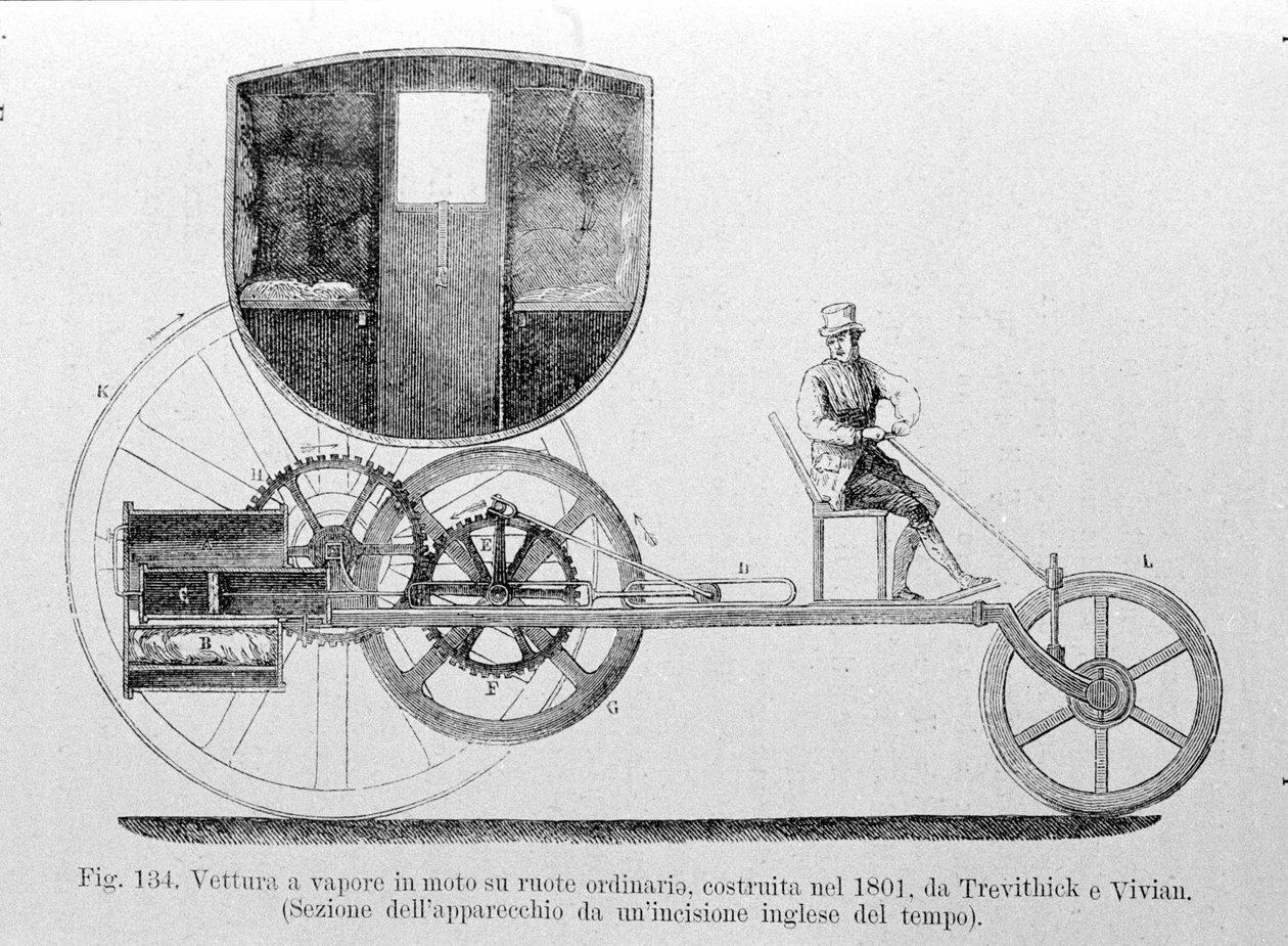 Hétköznapira szerelt gőzkocsi, 1801-ben építette Trevithick és Vivian. századi metszet. alkotó: Unknown artist