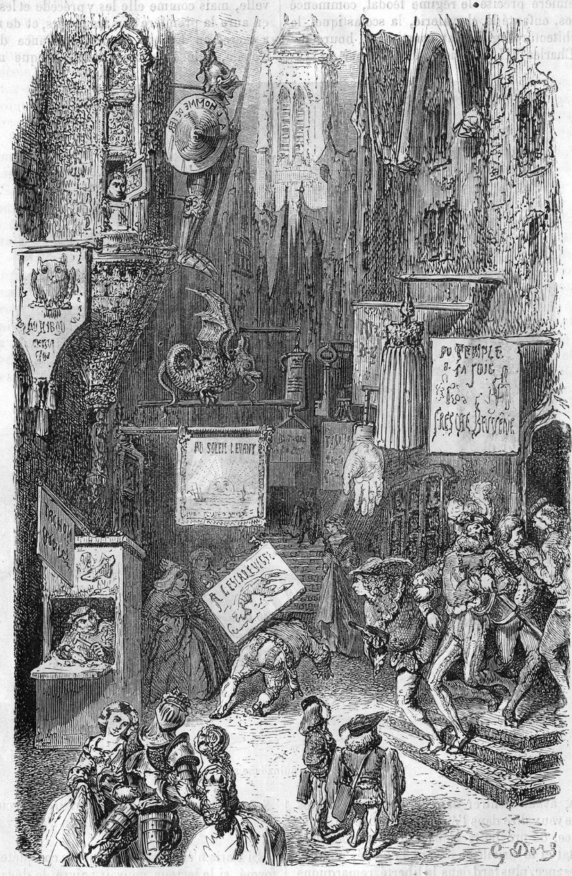 Utcai jelenet a középkorban. 19. századi metszet. alkotó: Unknown artist