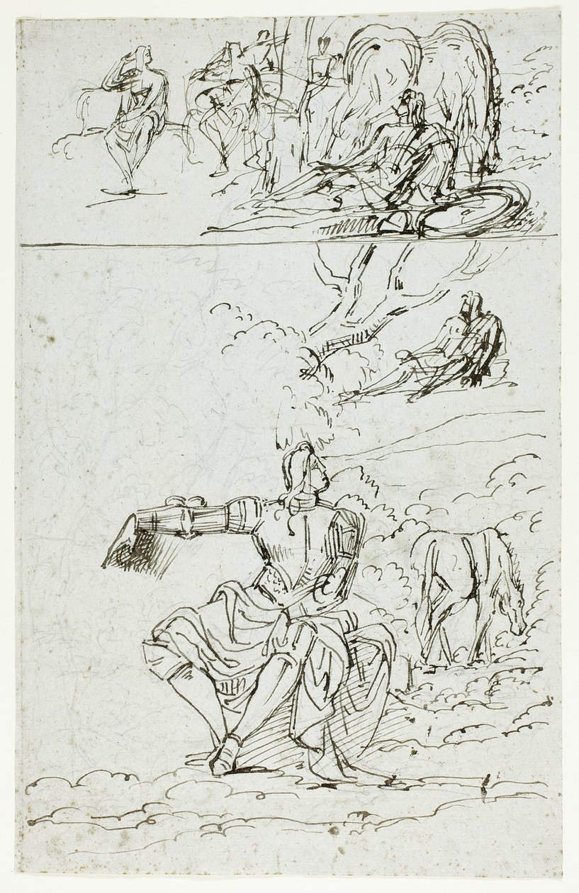 Tanulmánylap ülő lovaggal (recto); álló férfi alak középkori ruhában (verso) alkotó: Unknown artist