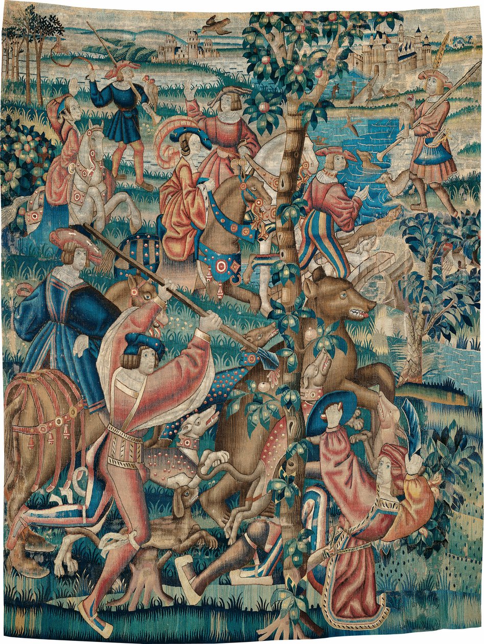 Gobelin (Medve vadászat és sólyomászat egy vadászat sorozatból) alkotó: Unknown artist