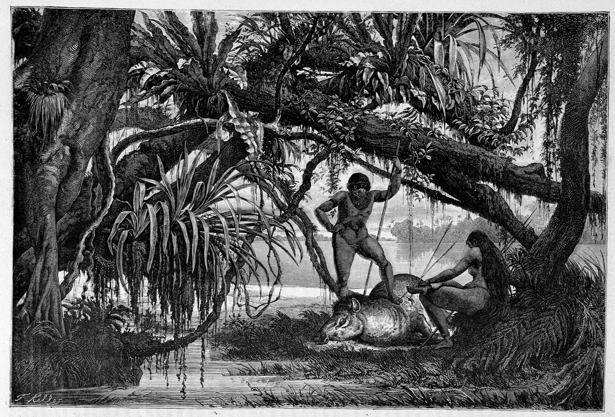 A brazil indiánok megölték a tapírt – „A világ körül” című filmben, 1874 második félévében. alkotó: Unknown artist