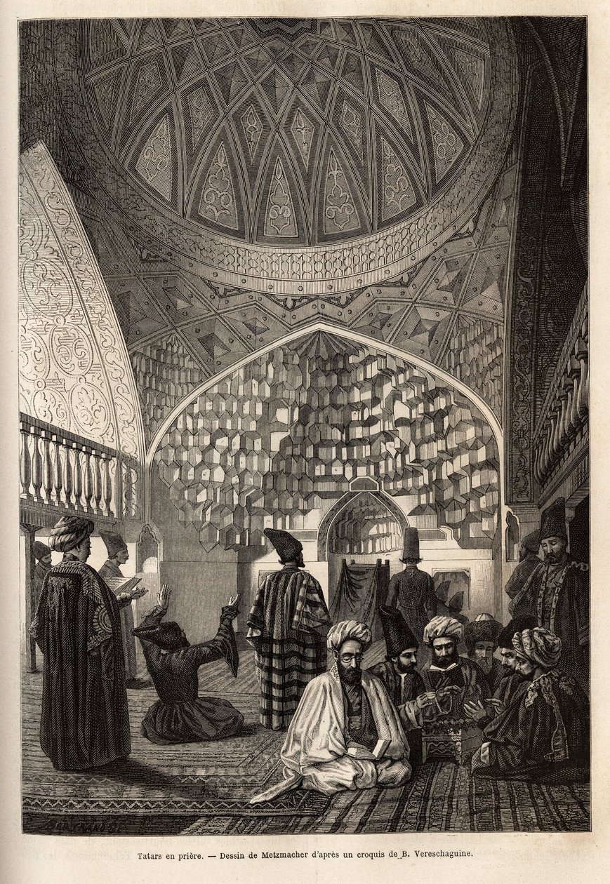 Tatárok imában, a Schusha mecsetben (Kaukázusi, Oroszország). Basile Vereschaguine 1864-1865-ben a Kaukázus tartományaiban tett utazást illusztráló metszet, megjelent a „le tour du monde”-ban, D