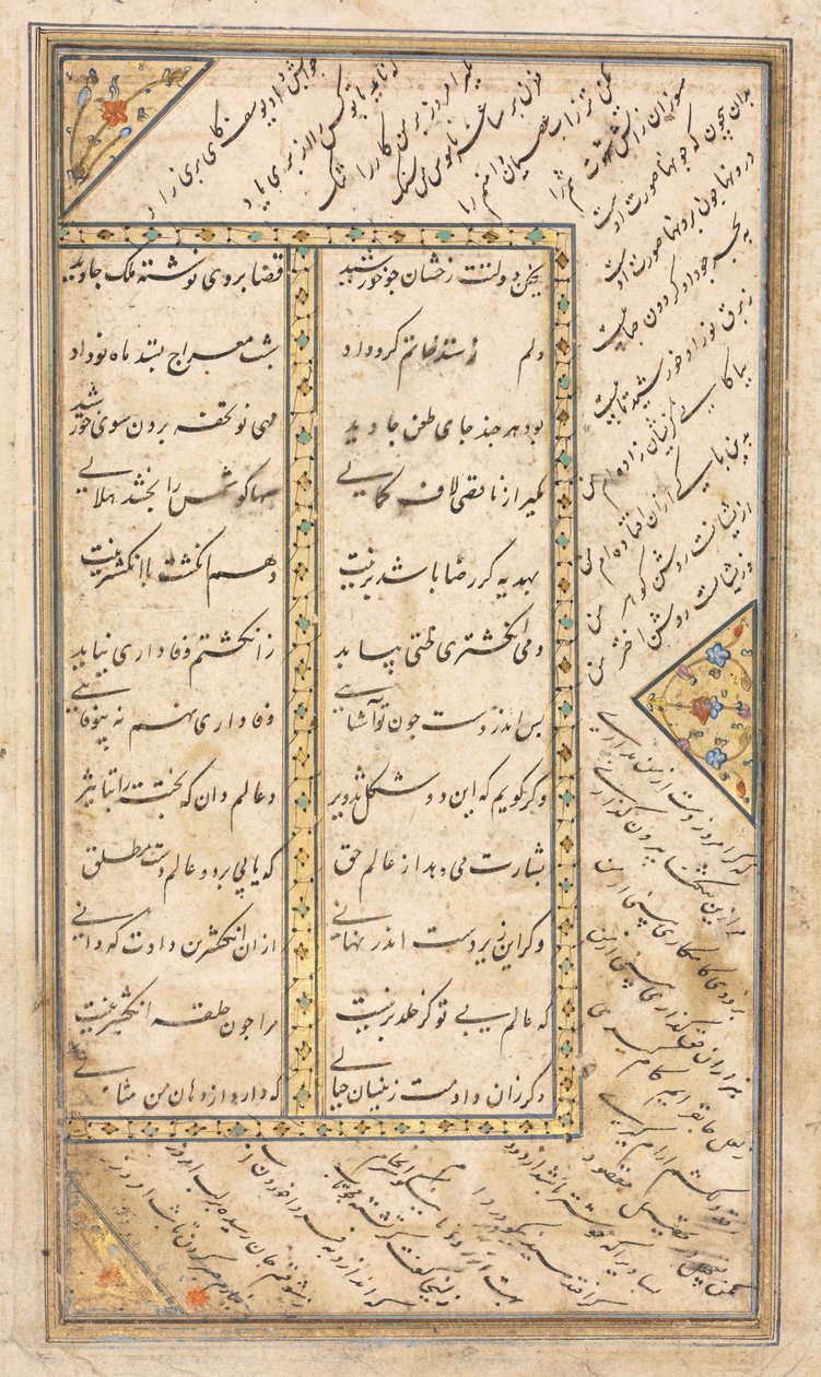 Szövegoldal, perzsa versek (verso) egy antológiában, a Jami Haft Awrang (Seven Thrones) néhány versével; Az ötödik trón Yusuf és Zulaykha alkotó: Unknown artist